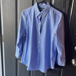 Lauren Ralph Lauren Blue and White Striped button down 3/4 sleeve Shirt